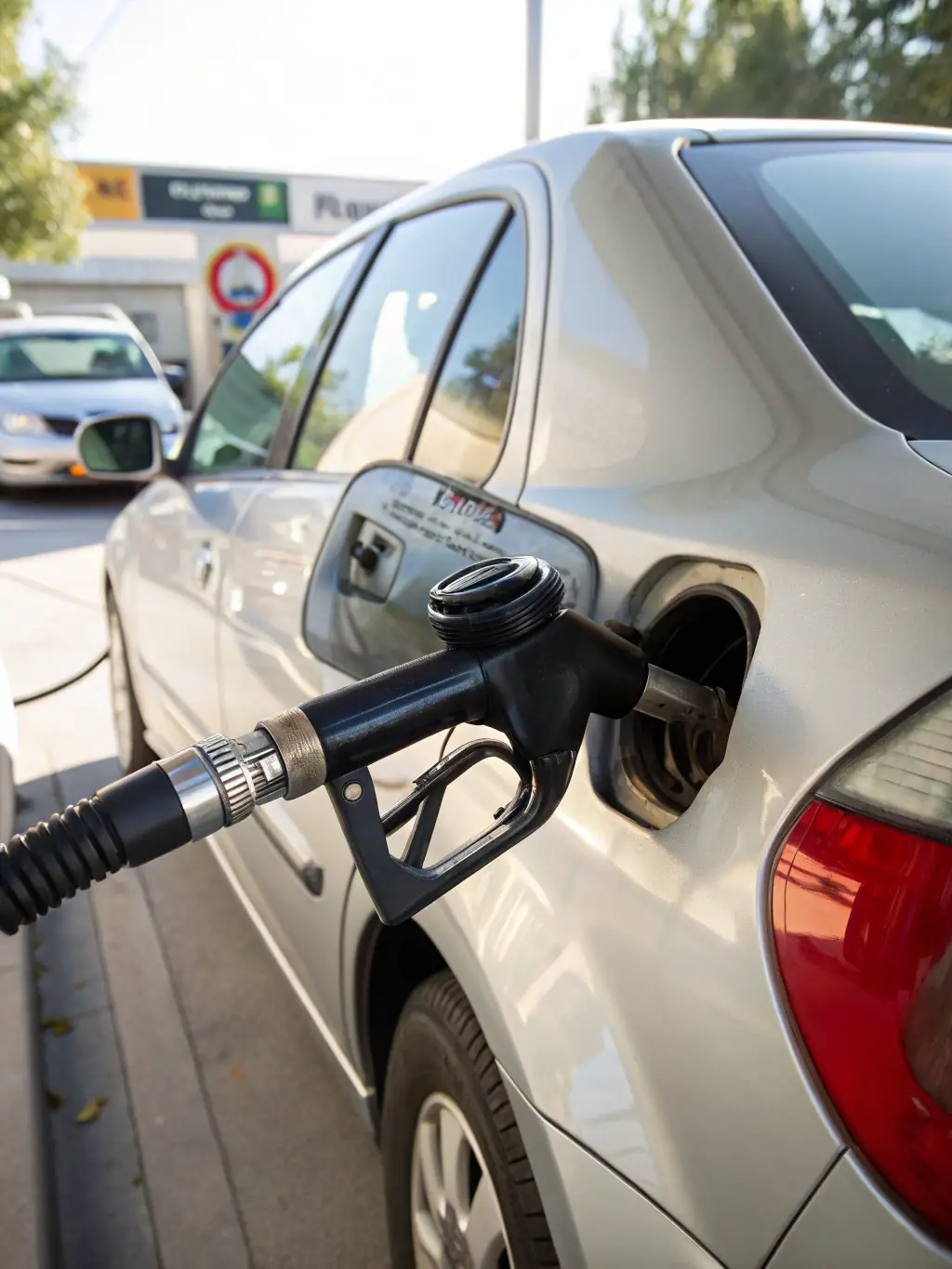 A technician pouring fuel into a car's gas tank from a portable container, with an emphasis on the convenience and speed of the service.