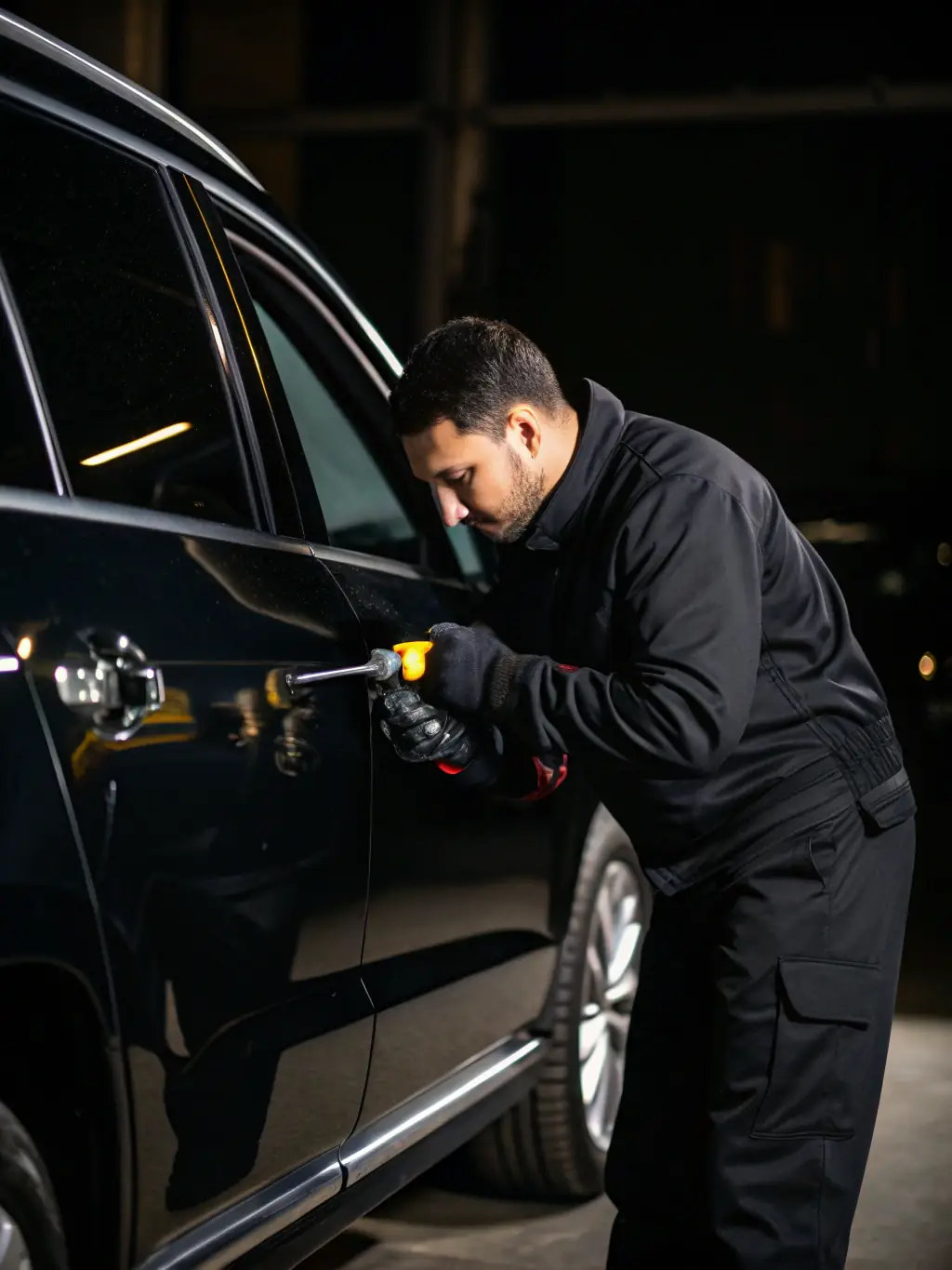 A locksmith using specialized tools to unlock a car door, emphasizing the precision and care taken to avoid damage.