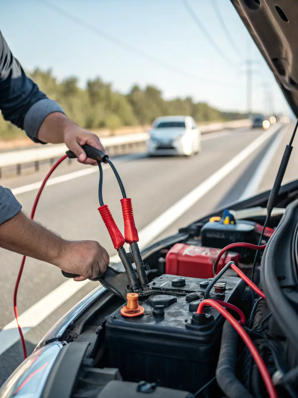 A technician using jumper cables to jump-start a car's battery, with a focus on the spark and the connection points.